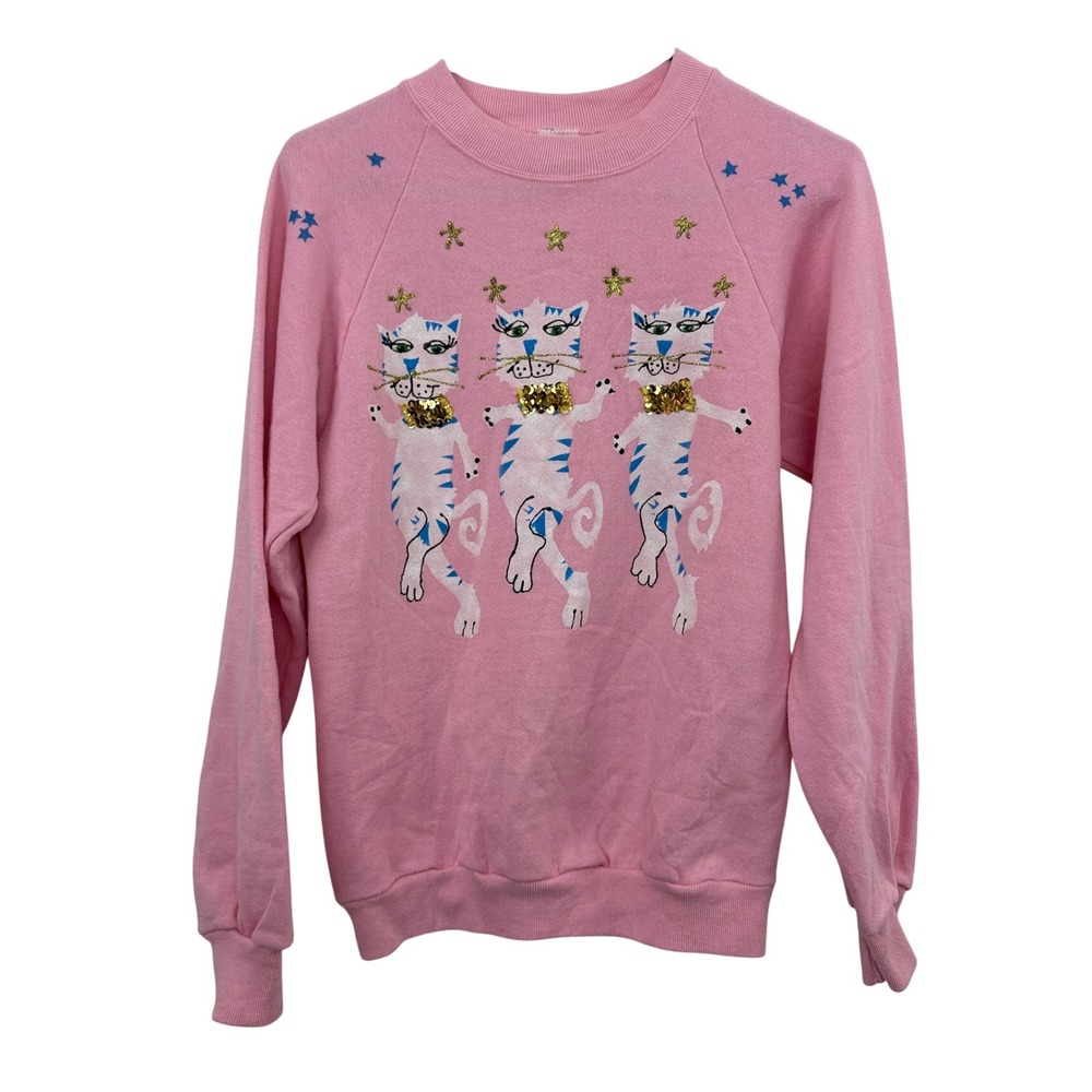 Jerzees Sweatshirt Womens Small Pink Vintage Graphic Cat Sequin Stars USA Made